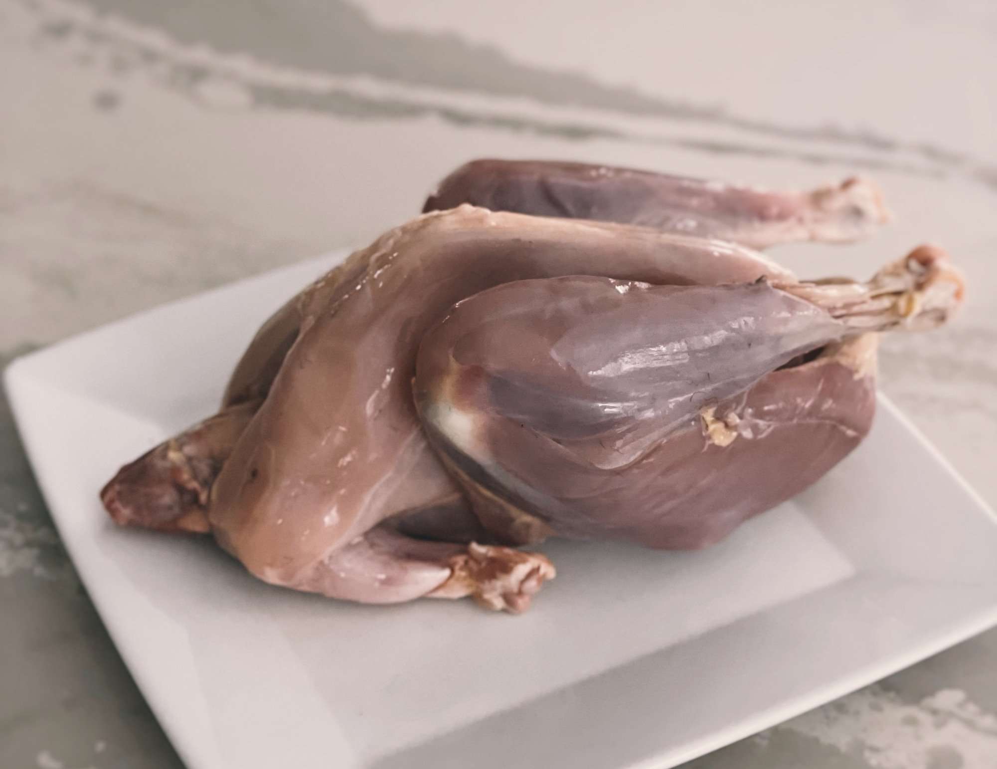 Young rooster ready to cook. Skinned whole carcass on a white square plate.