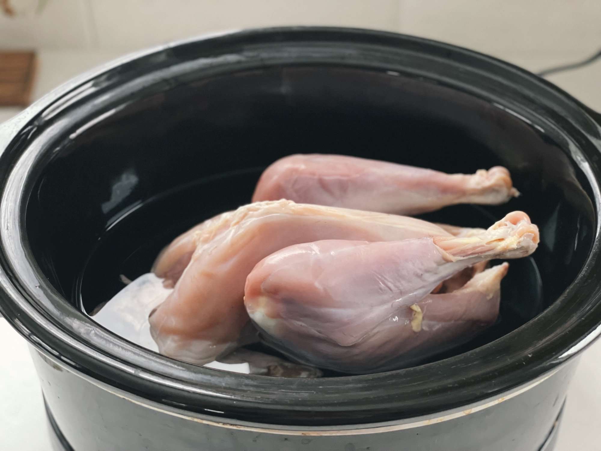 Young chicken in crockpot halfway filled with water