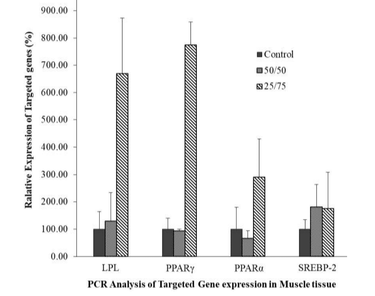 Graph showing gene expression for lipid metabolism on pasture-raised vs conventionally grain fed pork