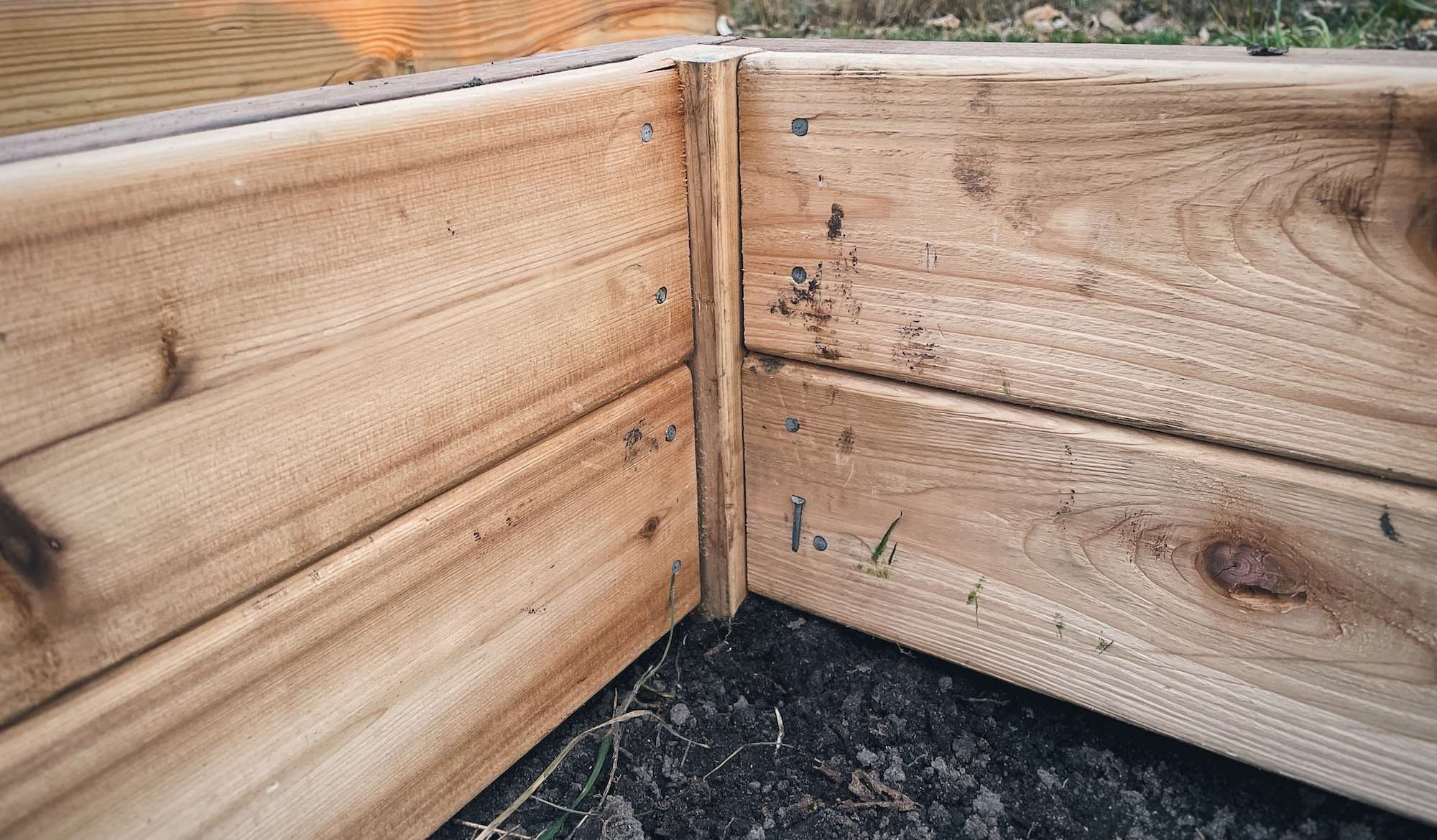  Close up of cedar decking for raised bed liner