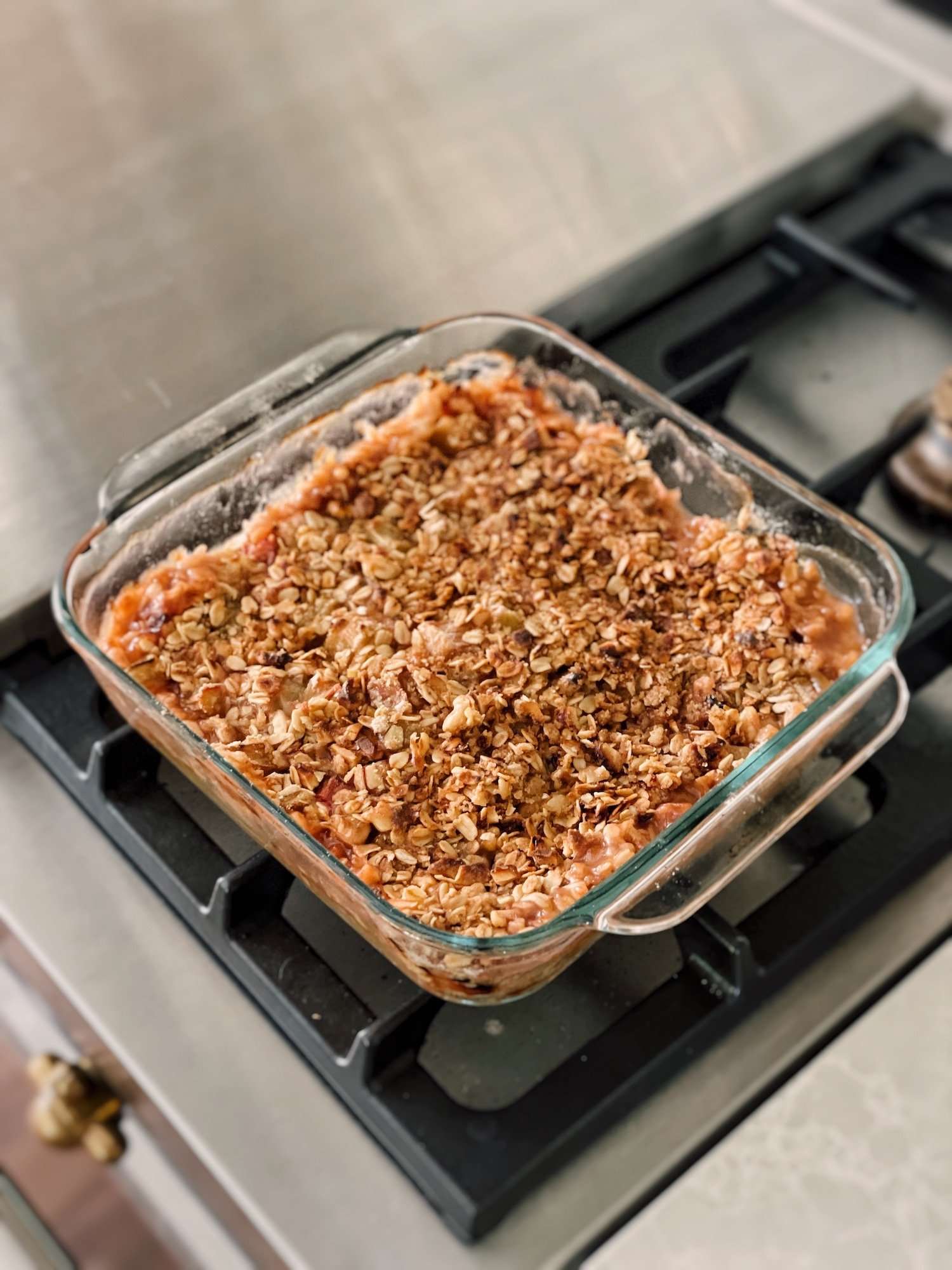 Gluten free rhubarb crumble freshly baked and out of the oven