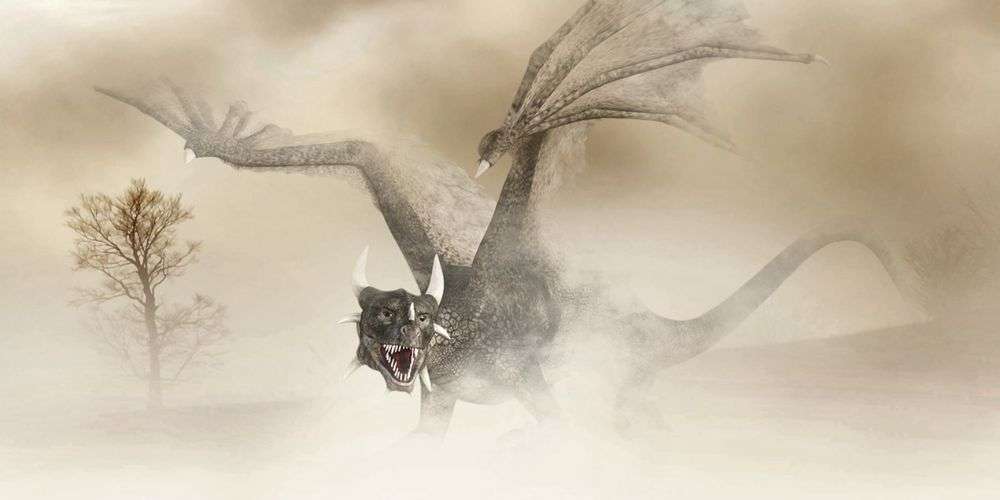 A drawing of a dragon in mist