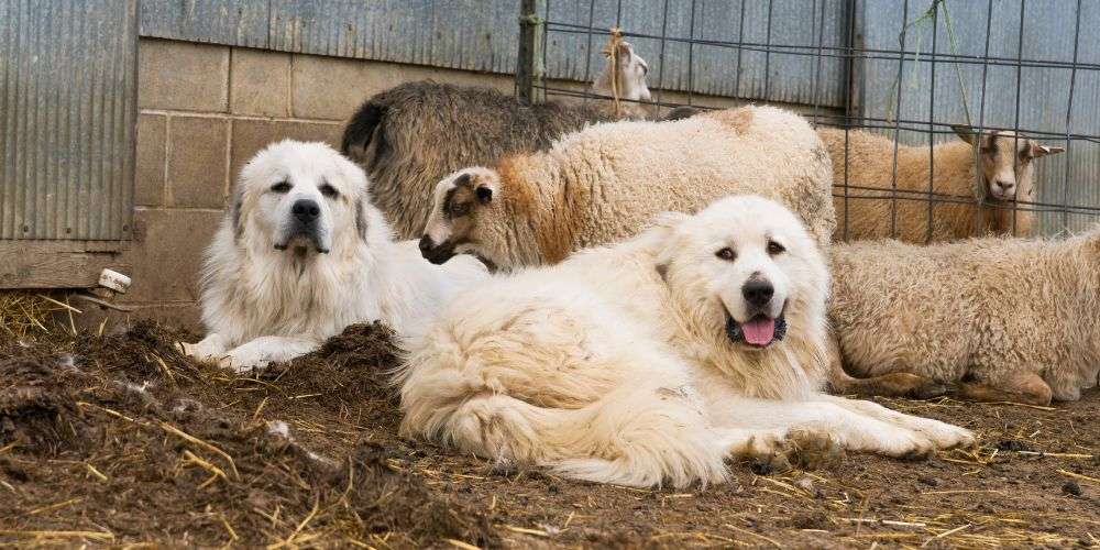 2 great pyrenees dogs laying down with their livestock