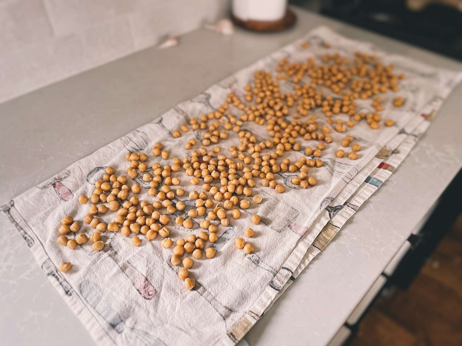 Chickpeas laid out on a tea towel to dry