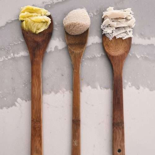 3 wooden spoons in a row, each holding a scoop of different rendered fats (schmaltz, bacon grease and tallow)