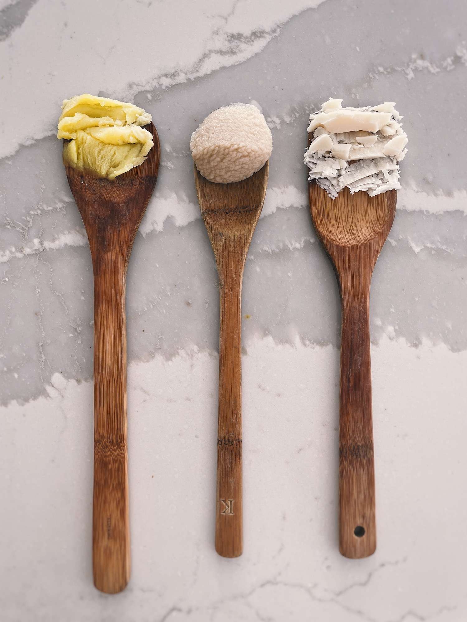 3 wooden spoons in a row, each holding a scoop of different rendered fats (schmaltz, bacon grease and tallow)