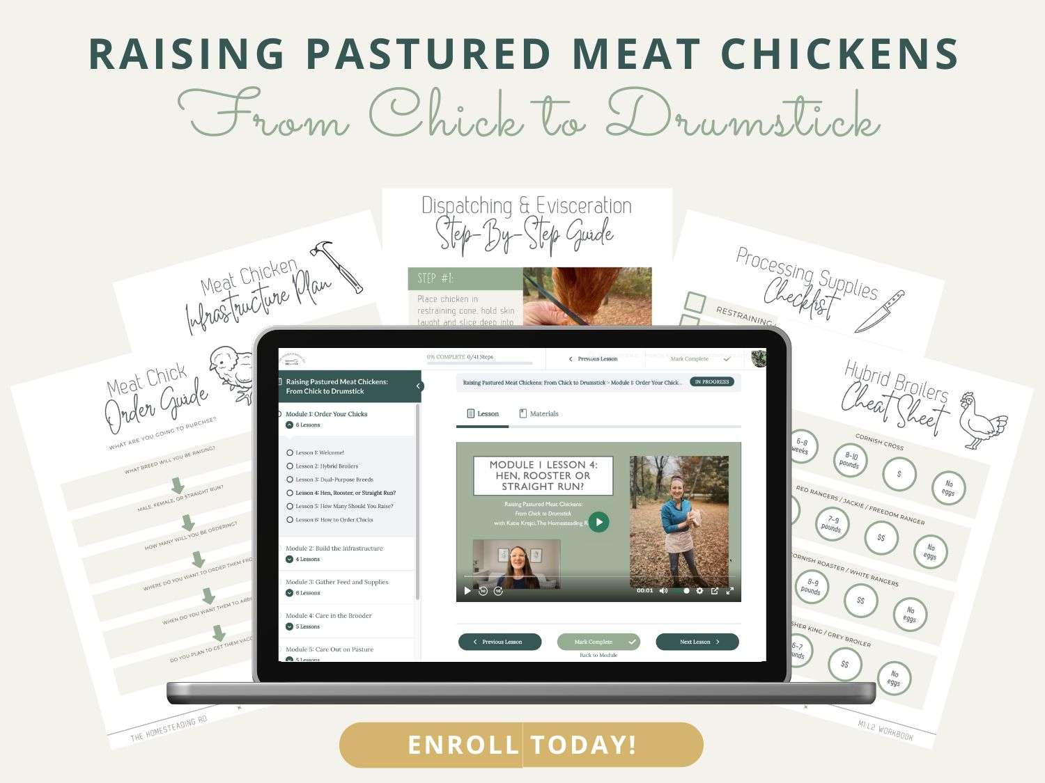 Promotion photo showing snapshots from Katie's course "how to raise pastured meat chickens"