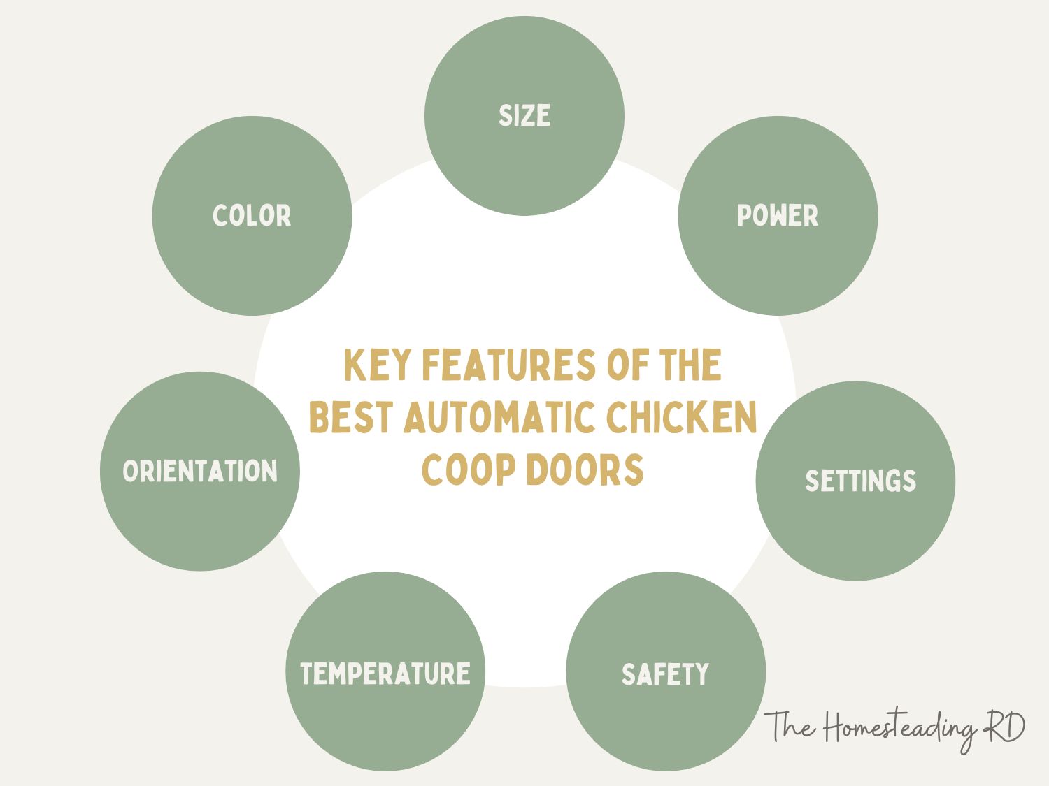 Canva illustration showing the features of the best automatic chicken coop doors
