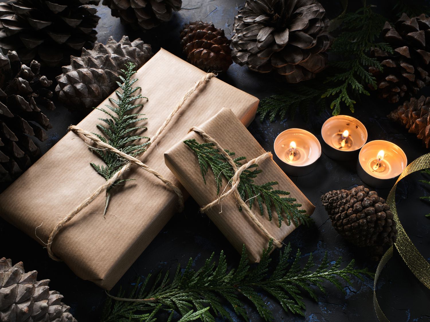 A photo of 2 gifts wrapped in brown paper with pine needles. Candles in the background.