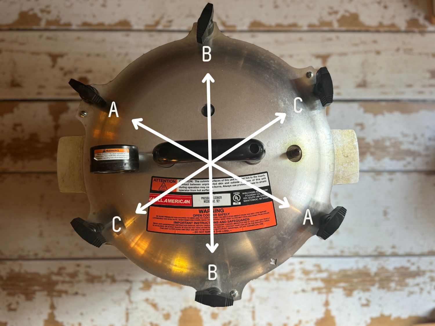 A diagram showing the order in which to tighten down the wingnuts on a pressure canner