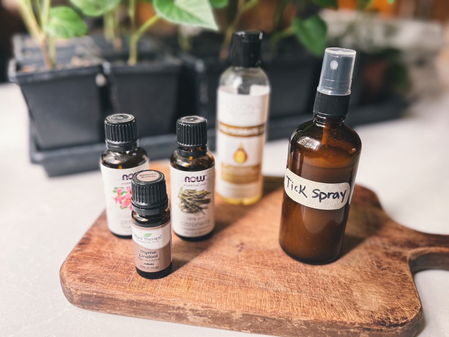 The ingredients for making essential oil tick repellent are sitting out on a wooden cutting board in a kitchen