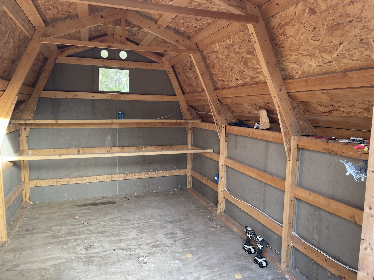 Plywood flooring in empty chicken coop