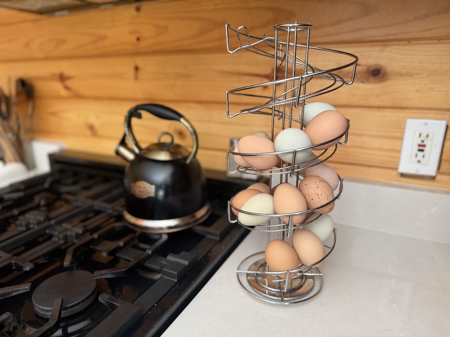 Eggs loaded up in a spiral egg dispenser that is stored on the a kitchen counter